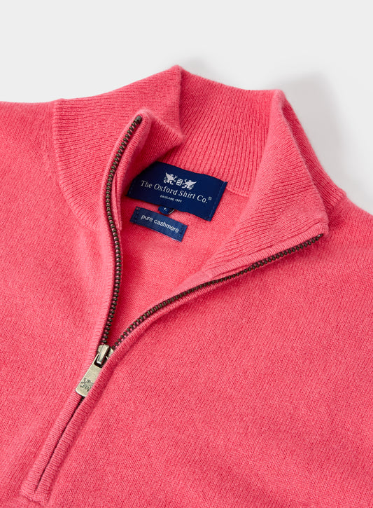Men’s cashmere quarter zip jumper in Magenta.