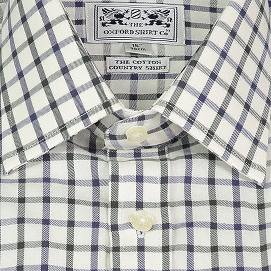 Men’s classic tattersall shirt in Navy and Green Check.