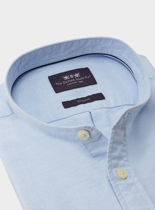 Men’s collarless Oxford shirt in Blue.