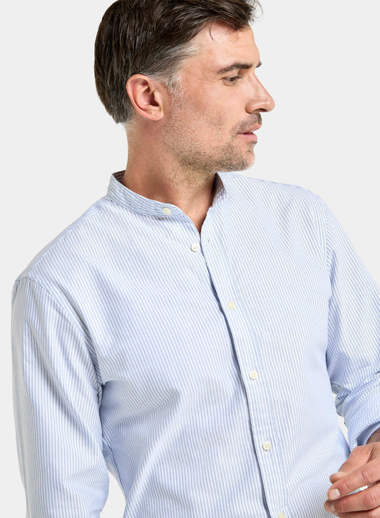 Men’s collarless Oxford shirt in Blue Stripe.