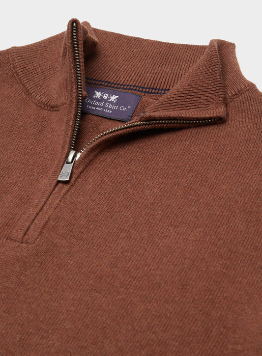 Men’s cotton cashmere quarter zip jumper in Brown.