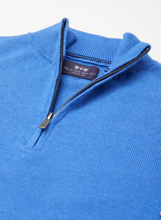 Men’s cotton cashmere quarter zip jumper in Cornflower.