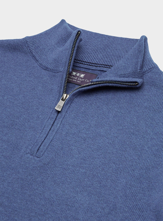 Men’s cotton cashmere quarter zip jumper in Denim.