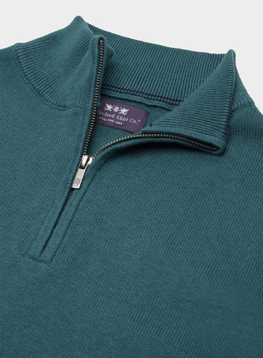 Men’s cotton cashmere quarter zip jumper in Green.