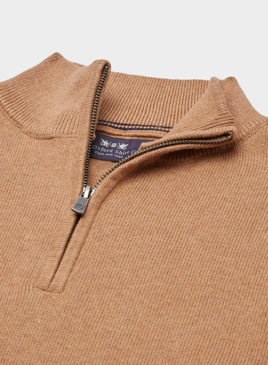Men’s cotton cashmere quarter zip jumper in Light Brown.
