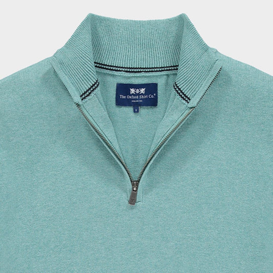 Men’s cotton cashmere quarter zip jumper in Mint.