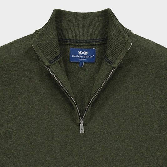 Men’s cotton cashmere quarter zip jumper in Olive.