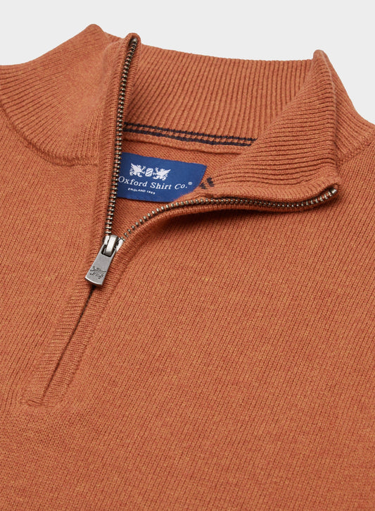 Men’s cotton cashmere quarter zip jumper in Rust.