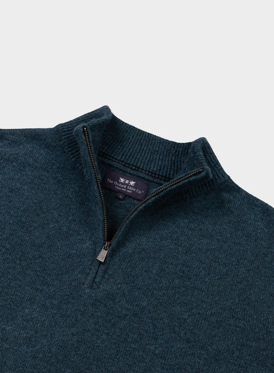 Men’s lambswool quarter zip jumper in Petrol.