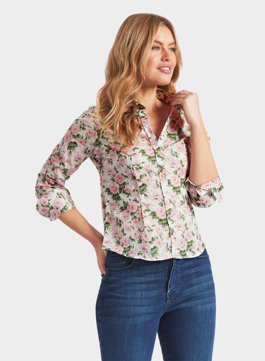 Women’s shirt in Caroline Rose Pink Liberty fabric.