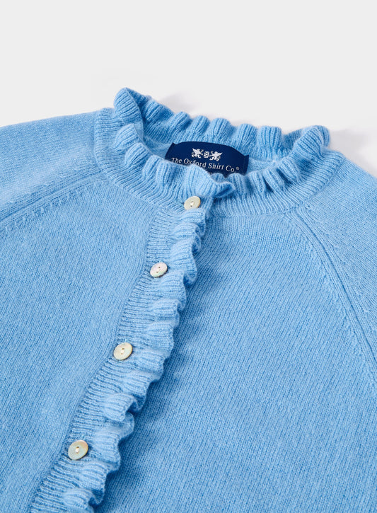 Women’s cashmere frill cardigan in Periwinkle.