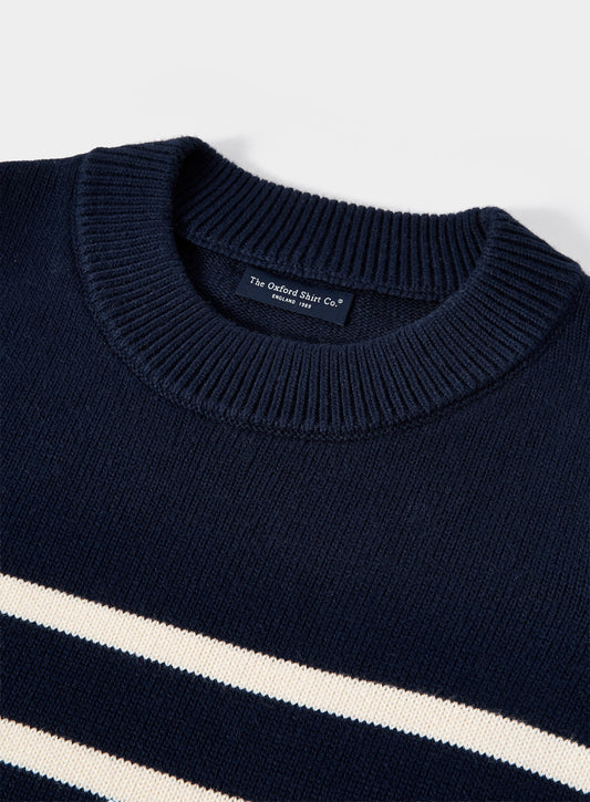 Women’s cotton cashmere crew neck jumper in Navy and Cream Stripe.