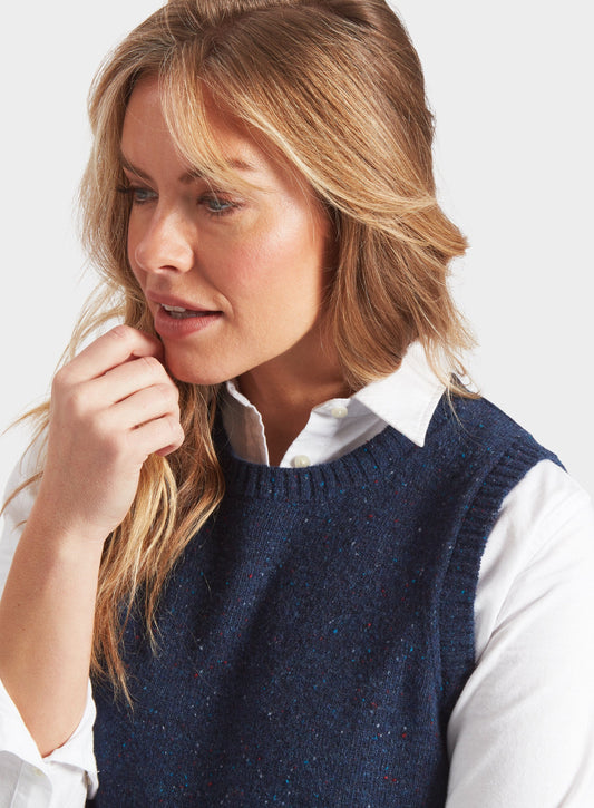 Women’s knitted neppy vest in Navy.
