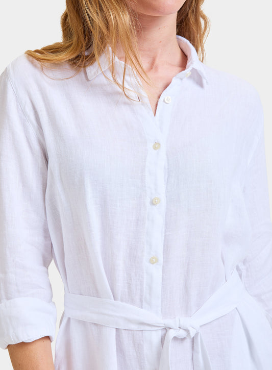 Women’s linen shirt dress in White.
