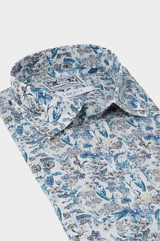 Women’s shirt in Poets Meadow Blues Liberty fabric.