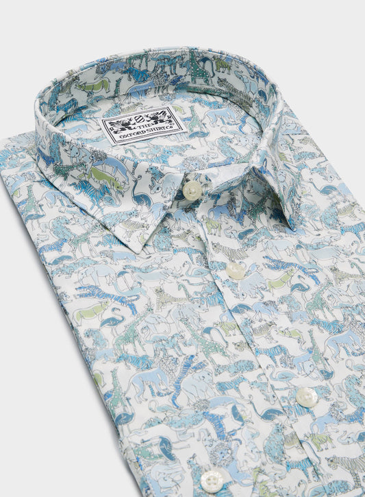 Women’s shirt in Safari Blues Liberty fabric.