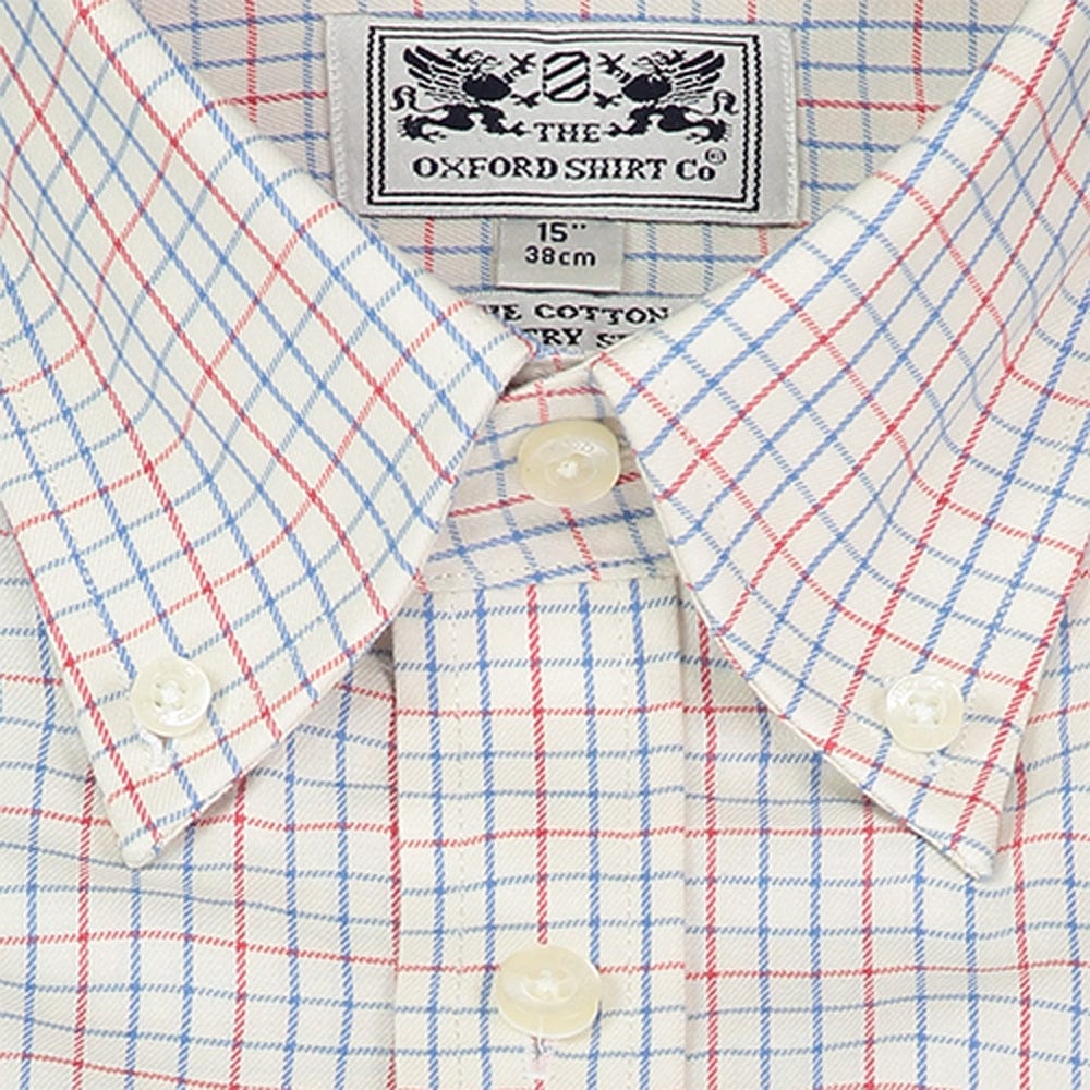 Button Down Tattersall Shirt in Fine Red and Blue Check