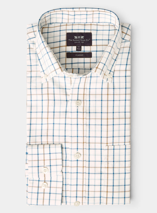 Button Down Tattersall Shirt - Beige and Navy Check