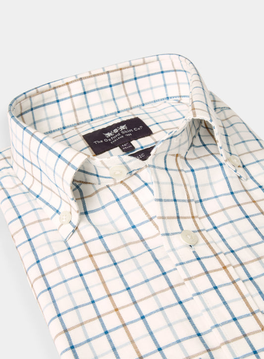 Button Down Tattersall Shirt - Beige and Navy Check