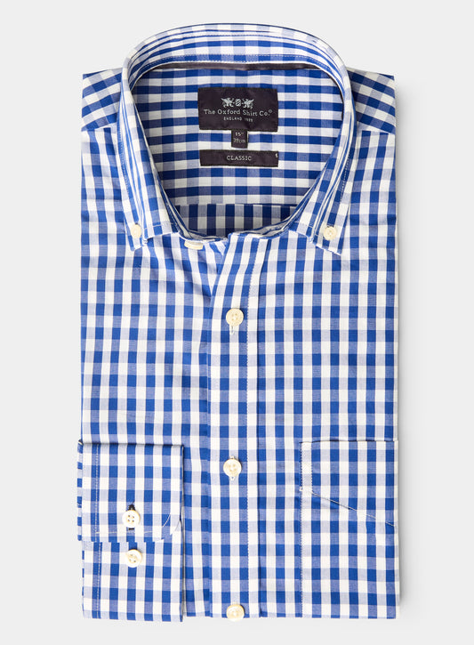 Button Down Cotton Poplin Shirt - Navy Check