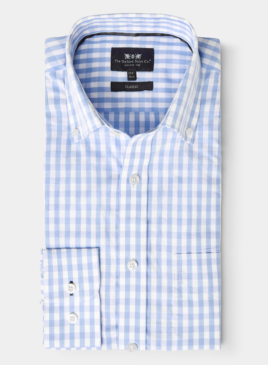 Button Down Cotton Poplin Shirt - Blue Check