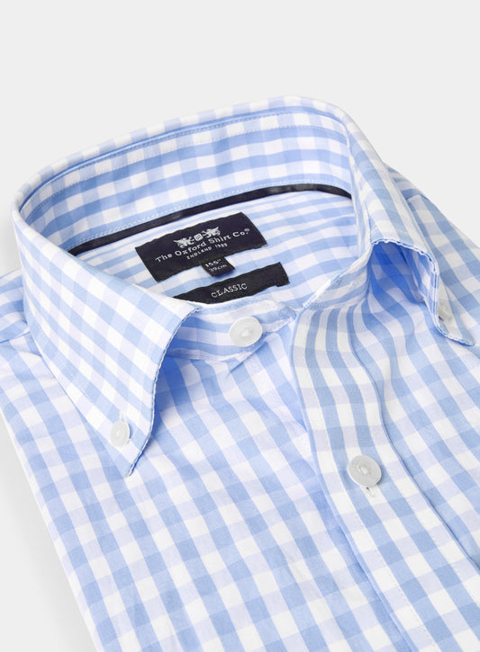 Button Down Cotton Poplin Shirt - Blue Check