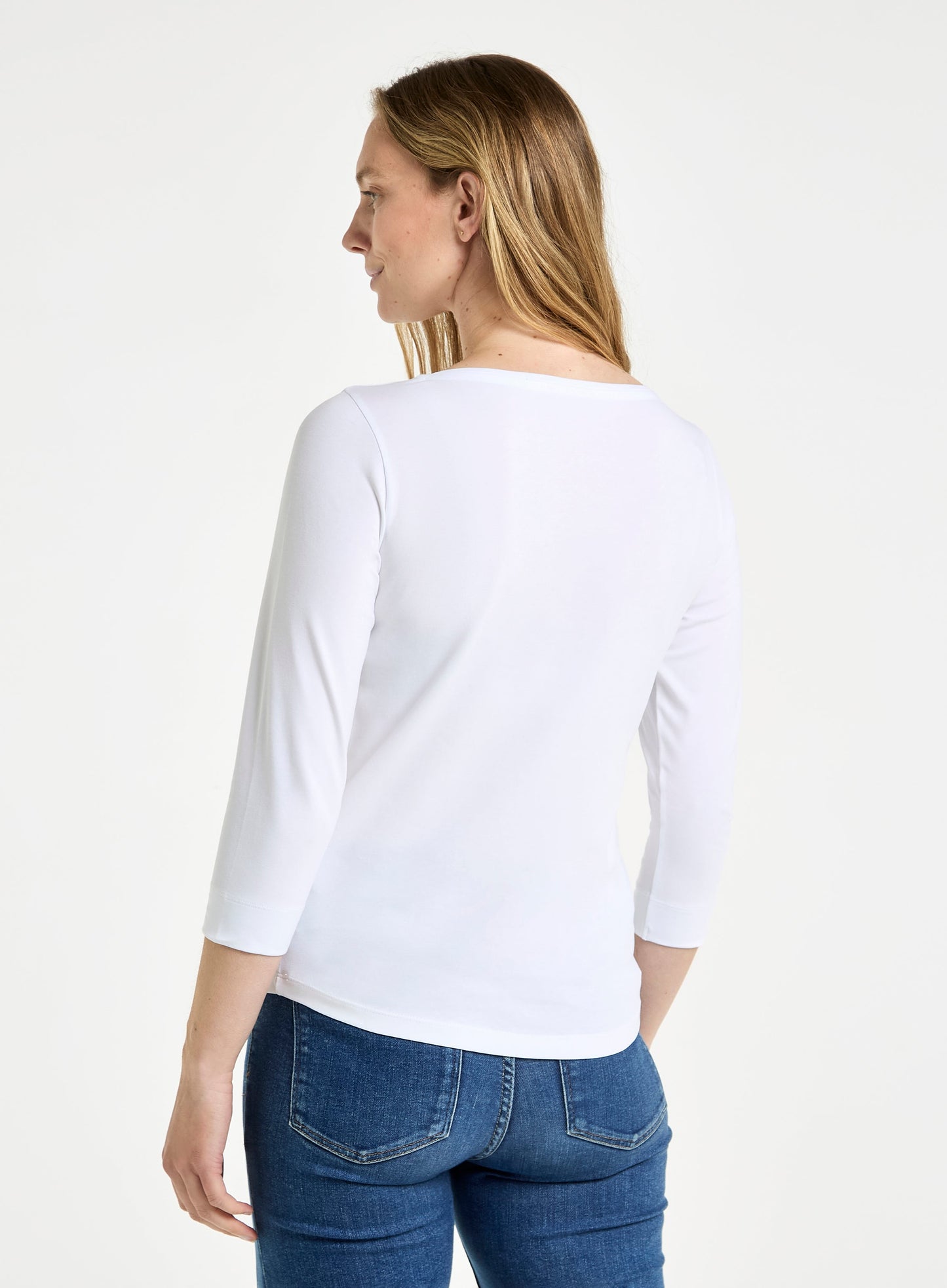 3/4 Sleeve Boat Neck Cotton Top - White