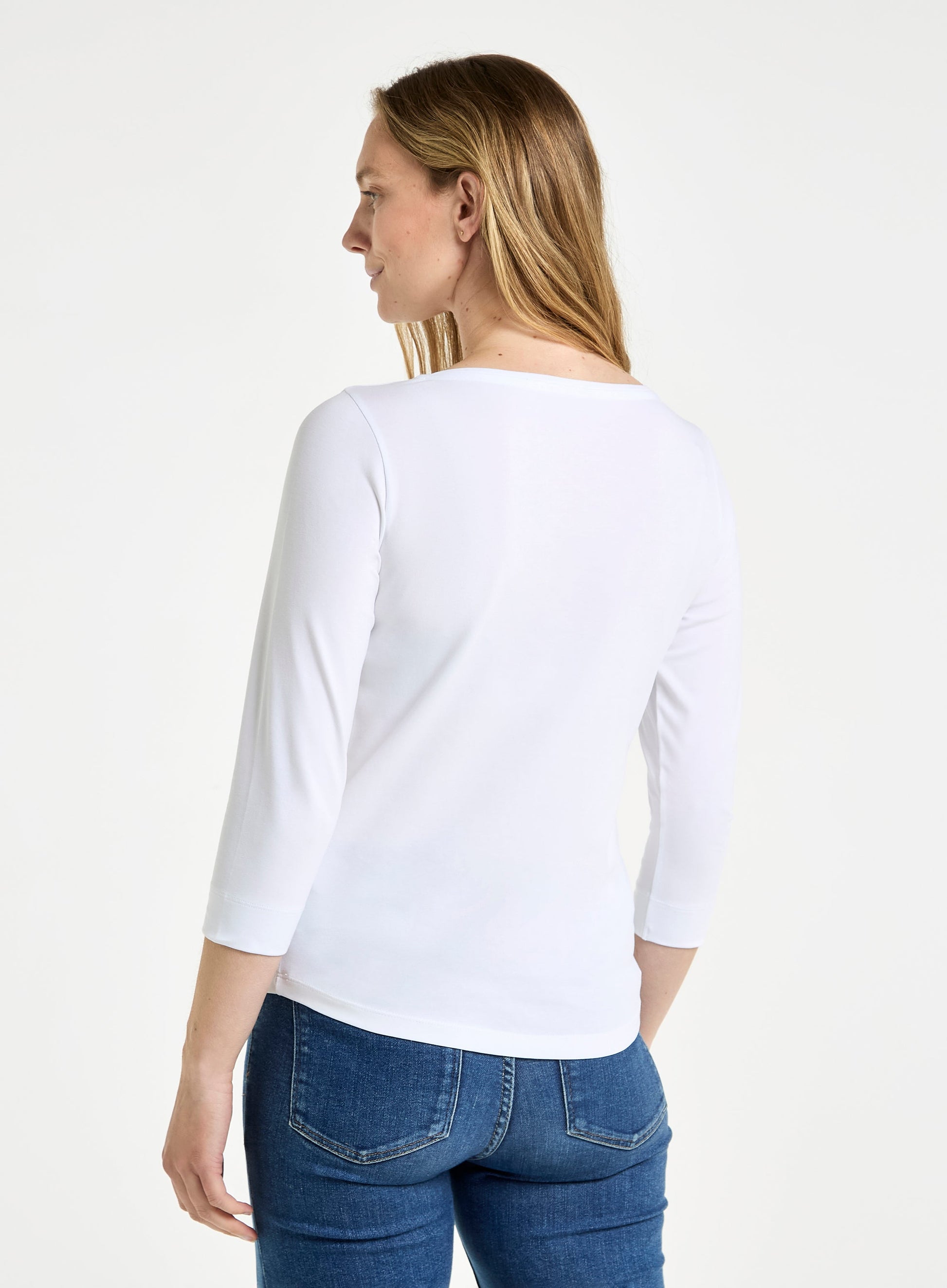 3/4 Sleeve Boat Neck Cotton Top - White