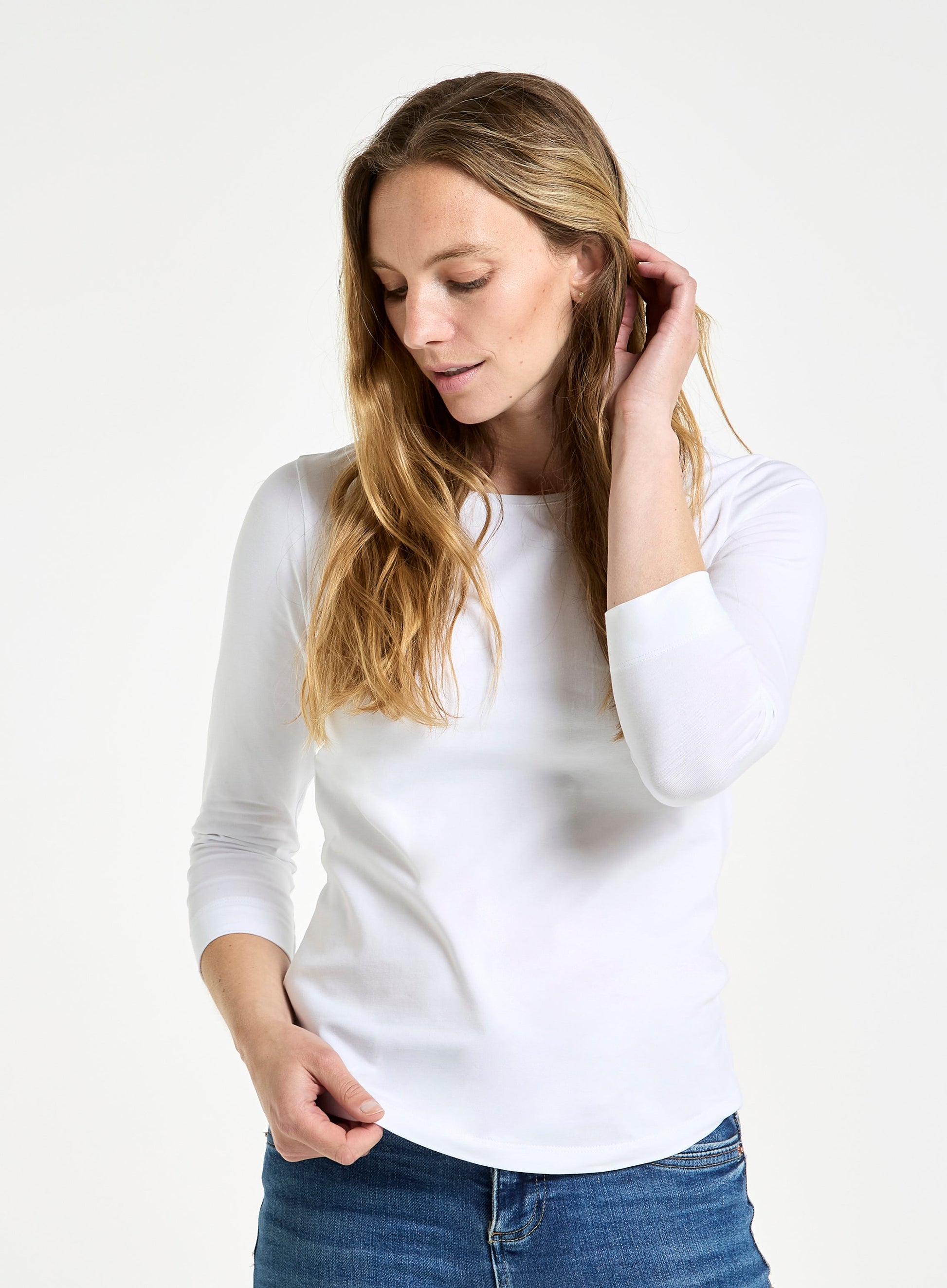 3/4 Sleeve Boat Neck Cotton Top - White