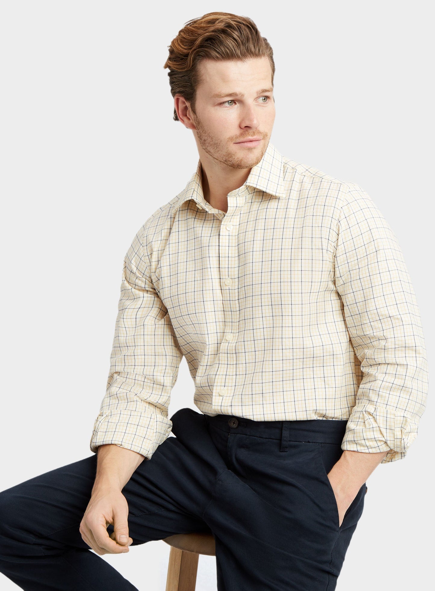 "Classic Tattersall Shirt in Fine Yellow and Blue Check"