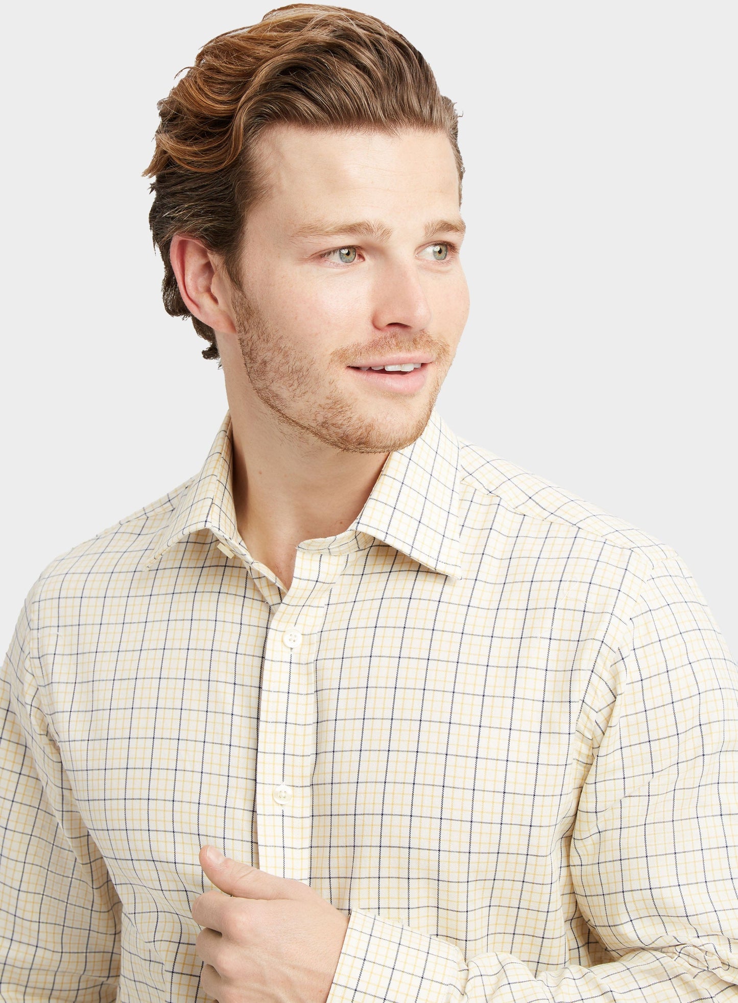 "Classic Tattersall Shirt in Fine Yellow and Blue Check"