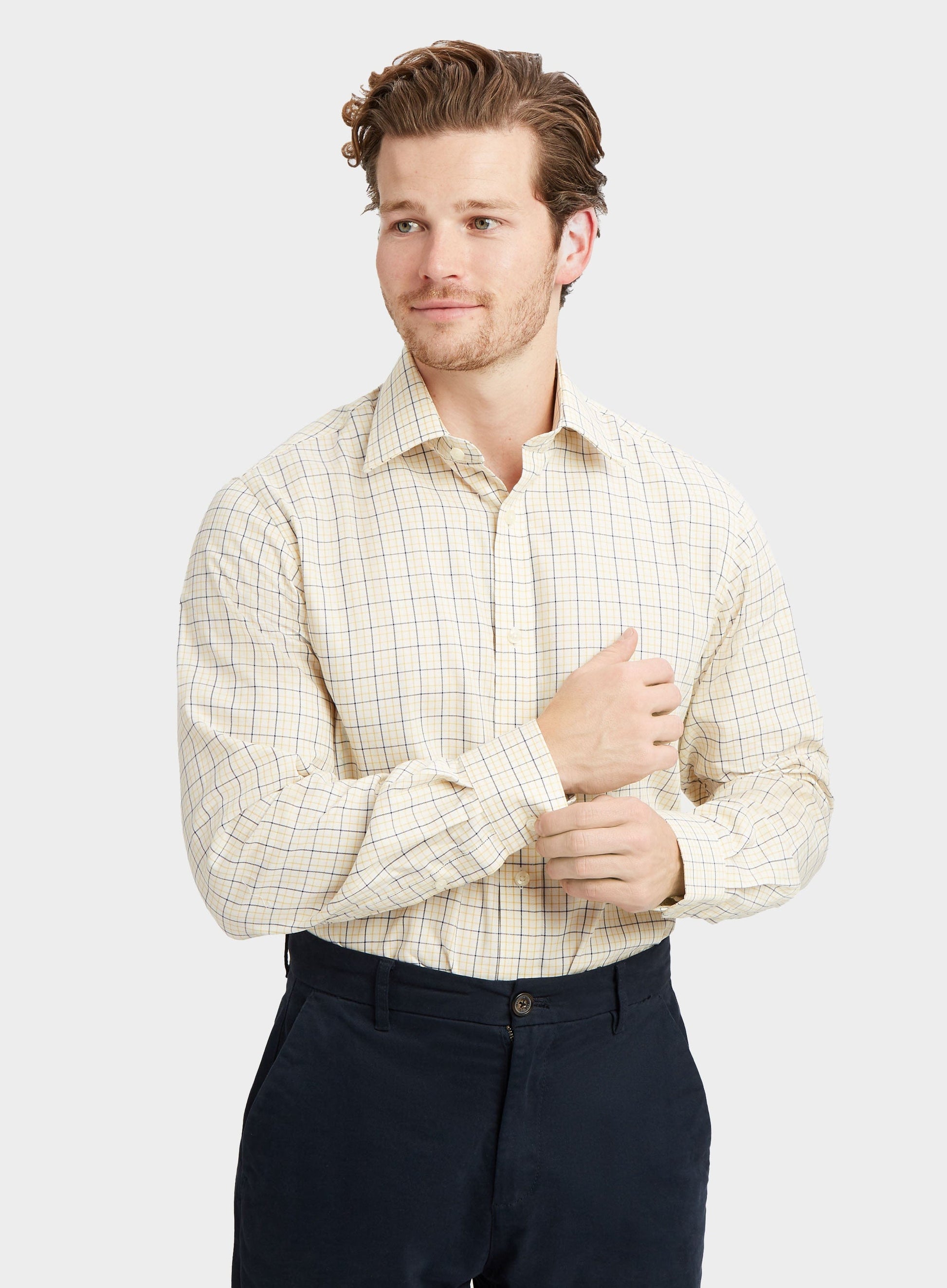 "Classic Tattersall Shirt in Fine Yellow and Blue Check"