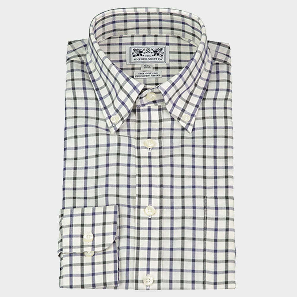 "Button Down Tattersall Shirt in Navy and Green Check"