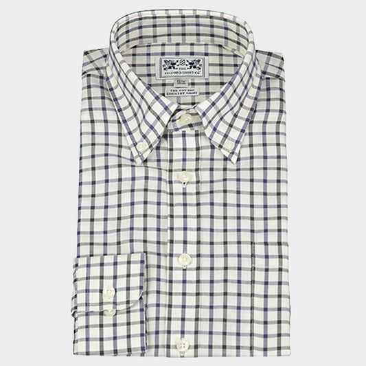 "Button Down Tattersall Shirt in Navy and Green Check"