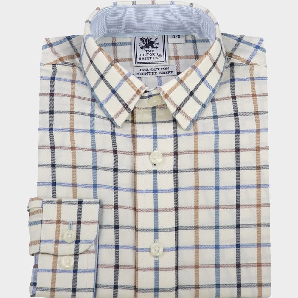 "Kids Country Shirt in Brown and Blue Check - Oxford Shirt Co."