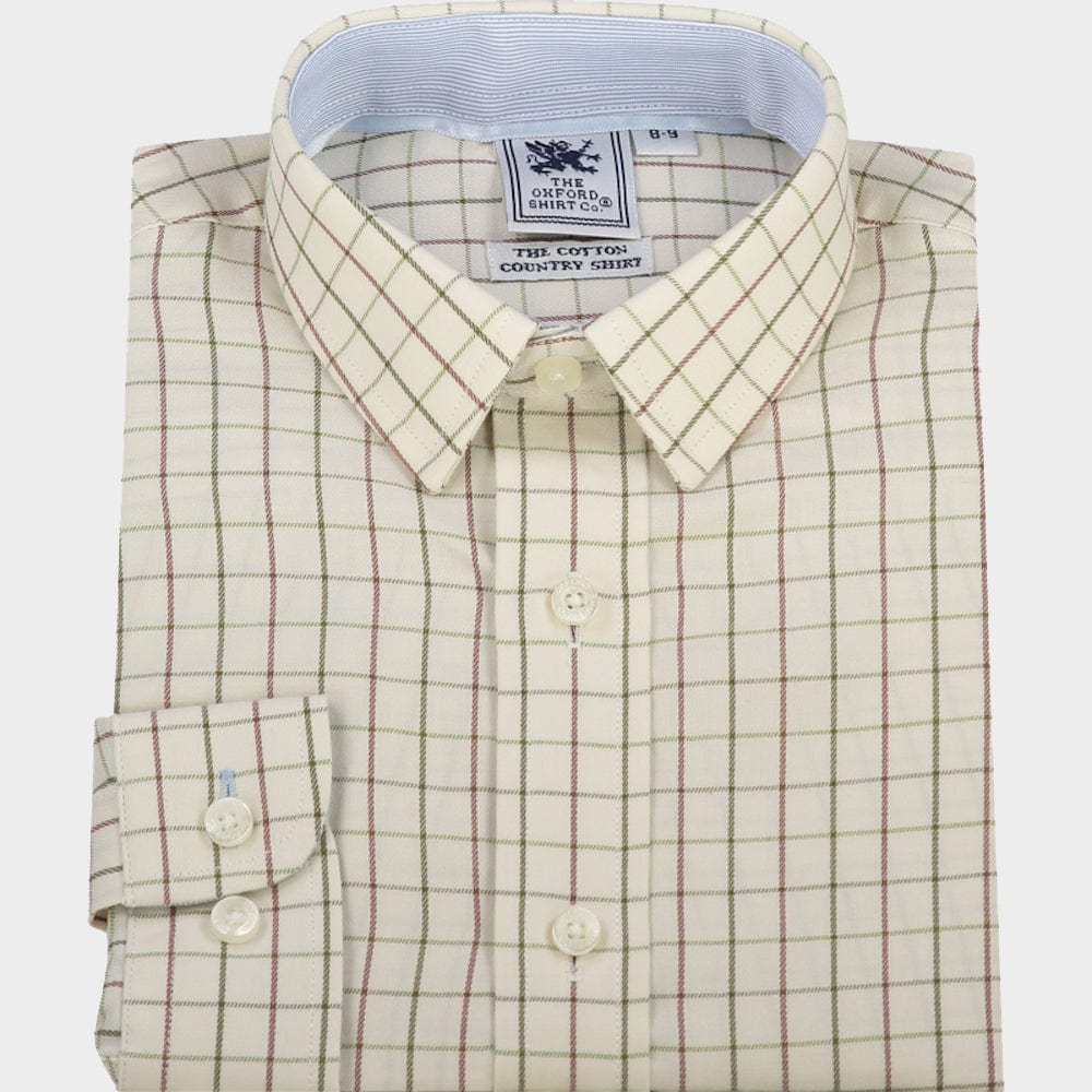 "Kids Country Shirt in Beige and Green Check - Oxford Shirt Co."