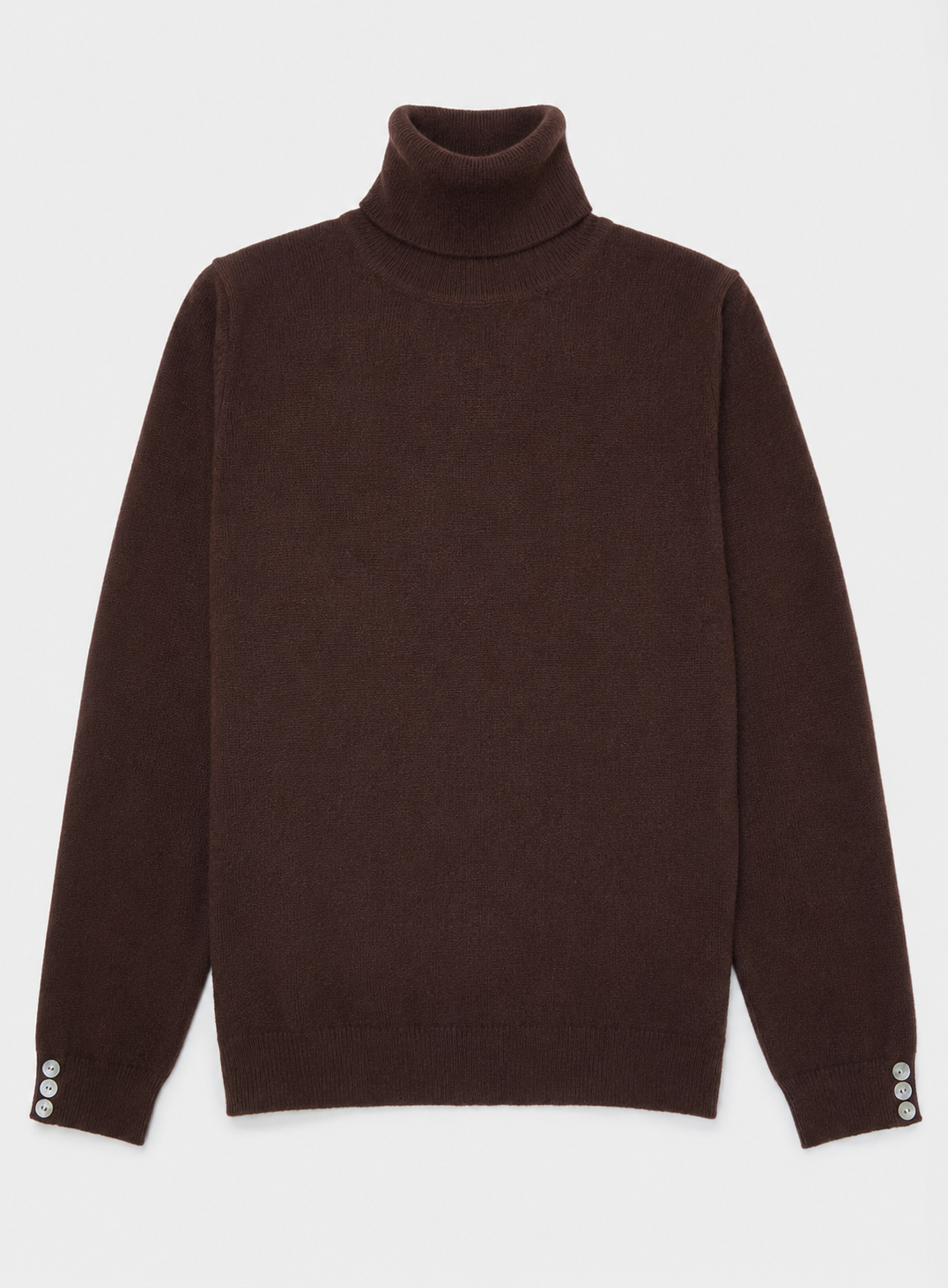 A dark brown knit turtleneck sweater with three decorative silver buttons on each cuff, displayed against a light gray background.