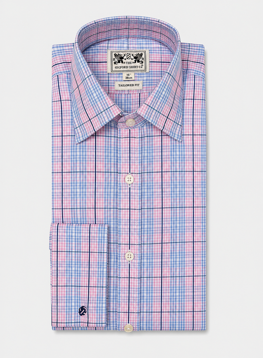 Double Cuff Shirt in Fine Baby Blue and Pink Check