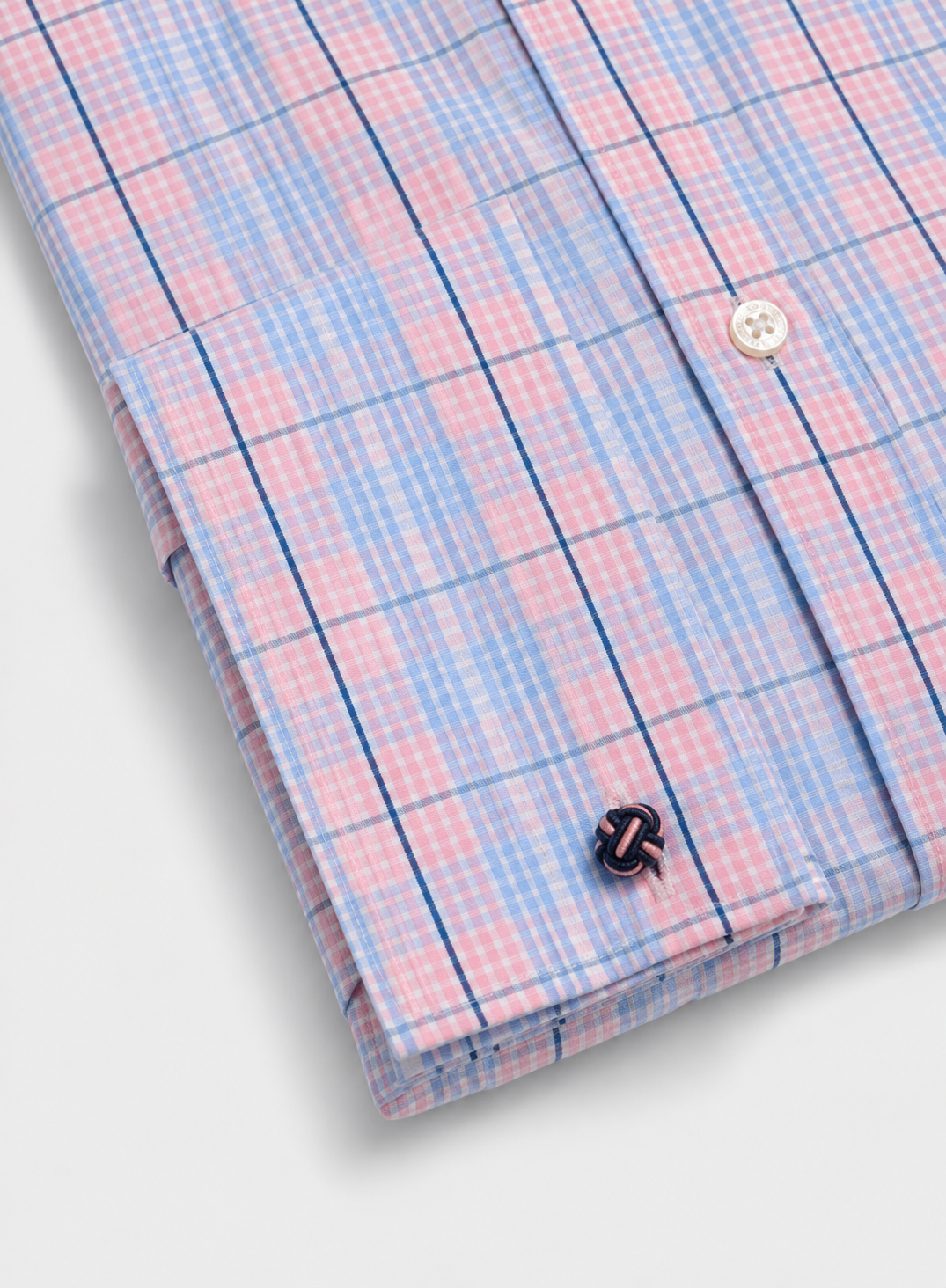 Double Cuff Shirt in Fine Baby Blue and Pink Check