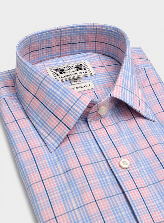 Double Cuff Shirt in Fine Baby Blue and Pink Check