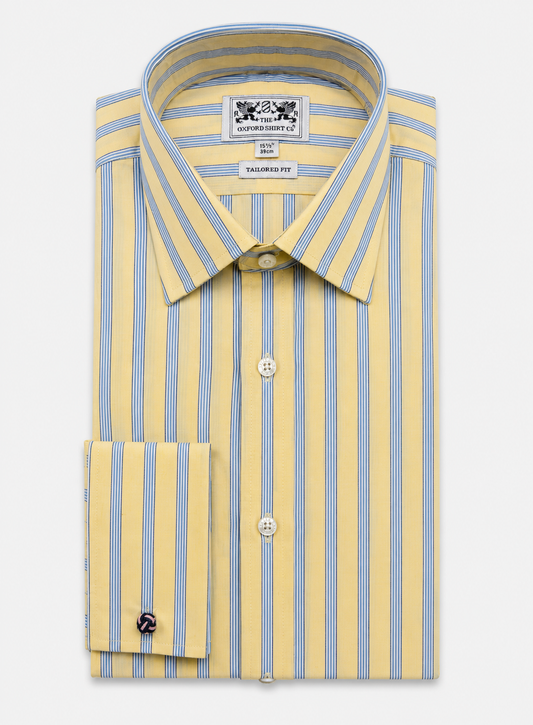 Double Cuff Shirt in Yellow and Fine Blue Stripe