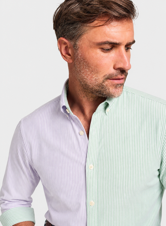 Button Down Oxford Shirt - Lilac and Green Patch Stripe
