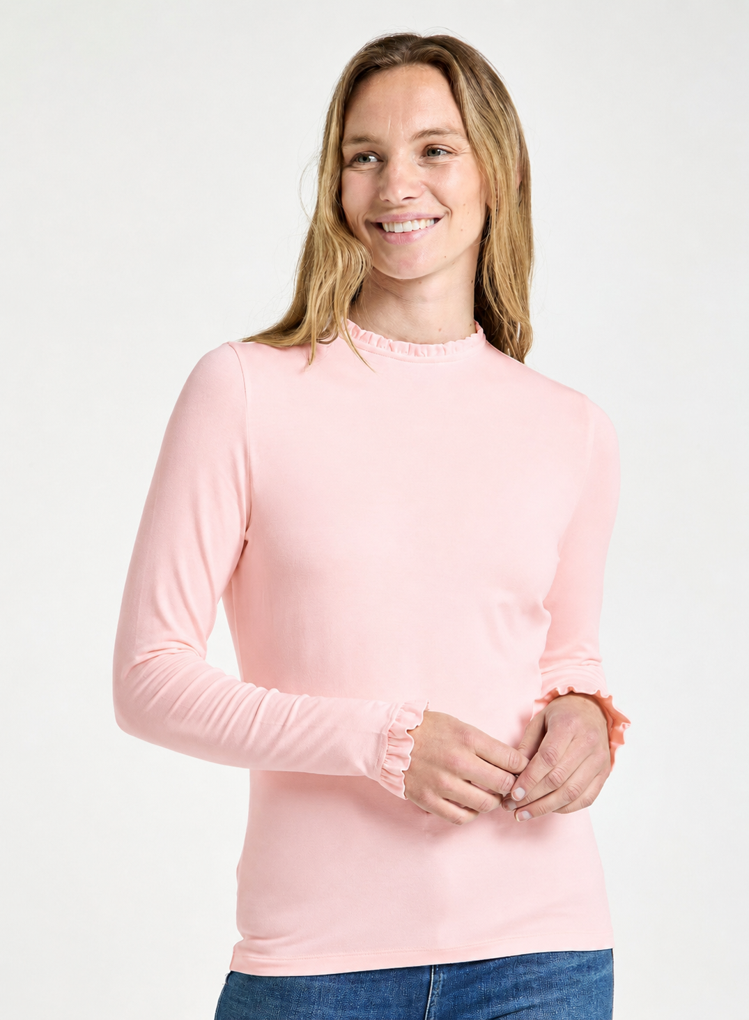 Frill Neck Long Sleeve Top in Pink