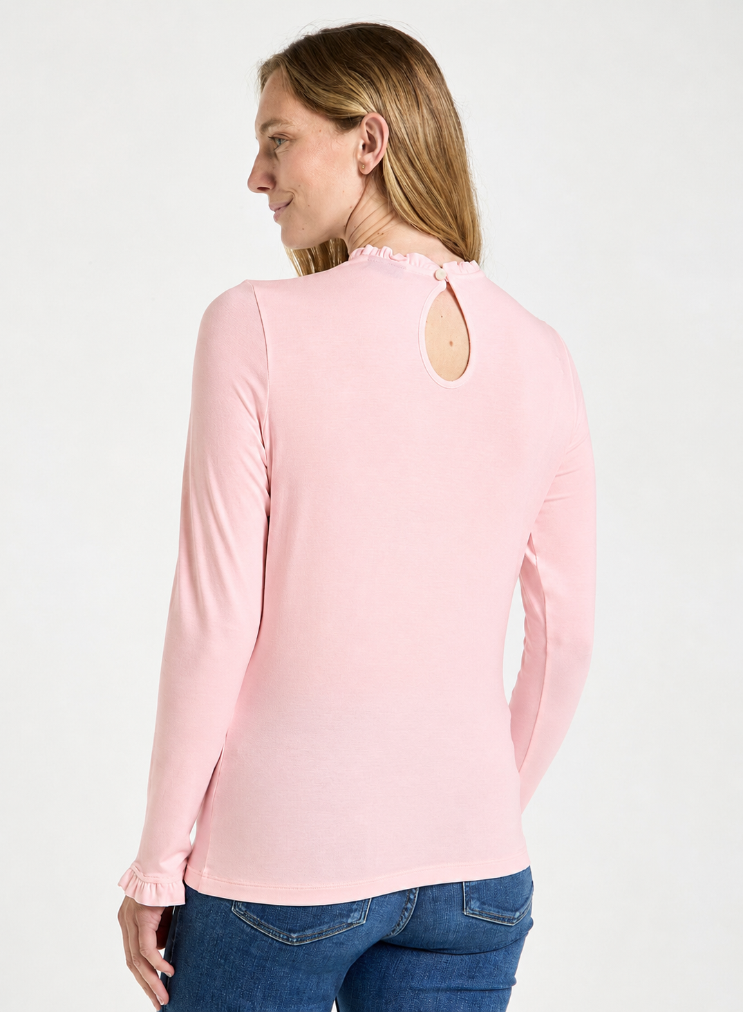 Frill Neck Long Sleeve Top in Pink