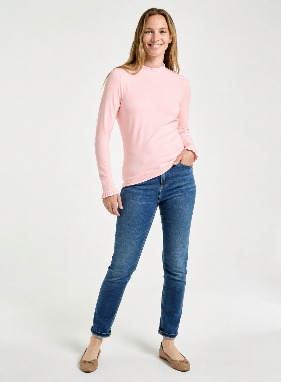 Frill Neck Long Sleeve Top in Pink