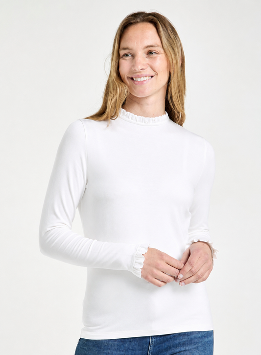 Frill Neck Long Sleeve Top in White