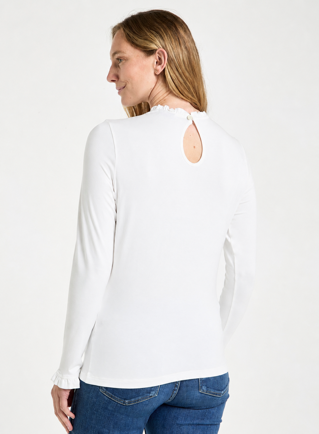 Frill Neck Long Sleeve Top in White