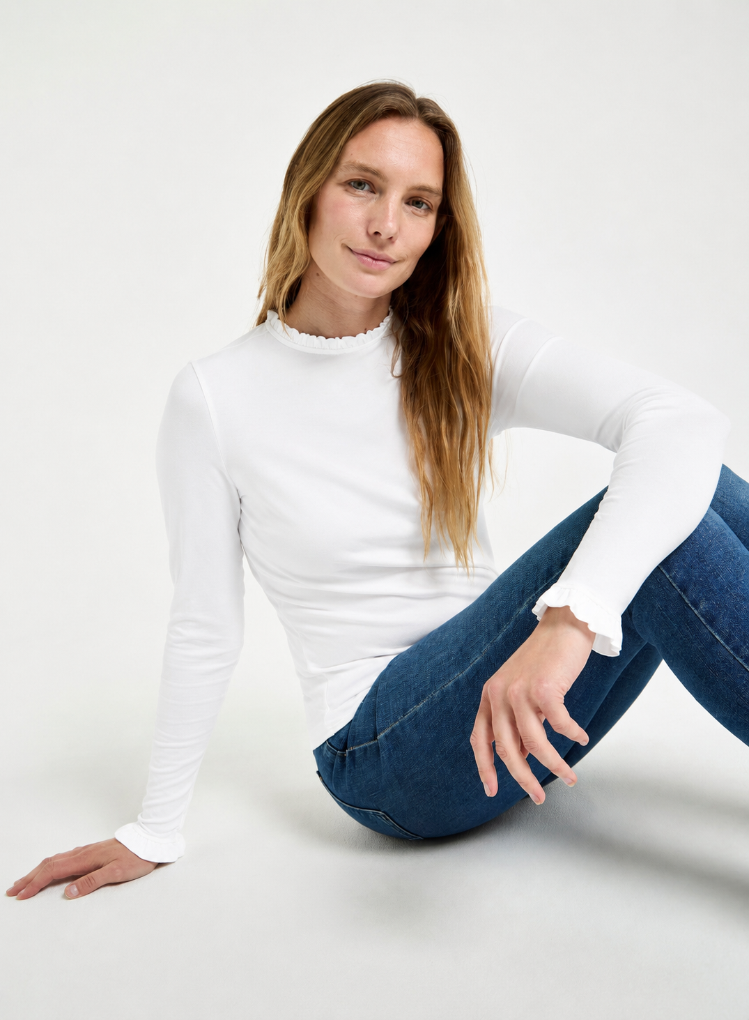 Frill Neck Long Sleeve Top in White