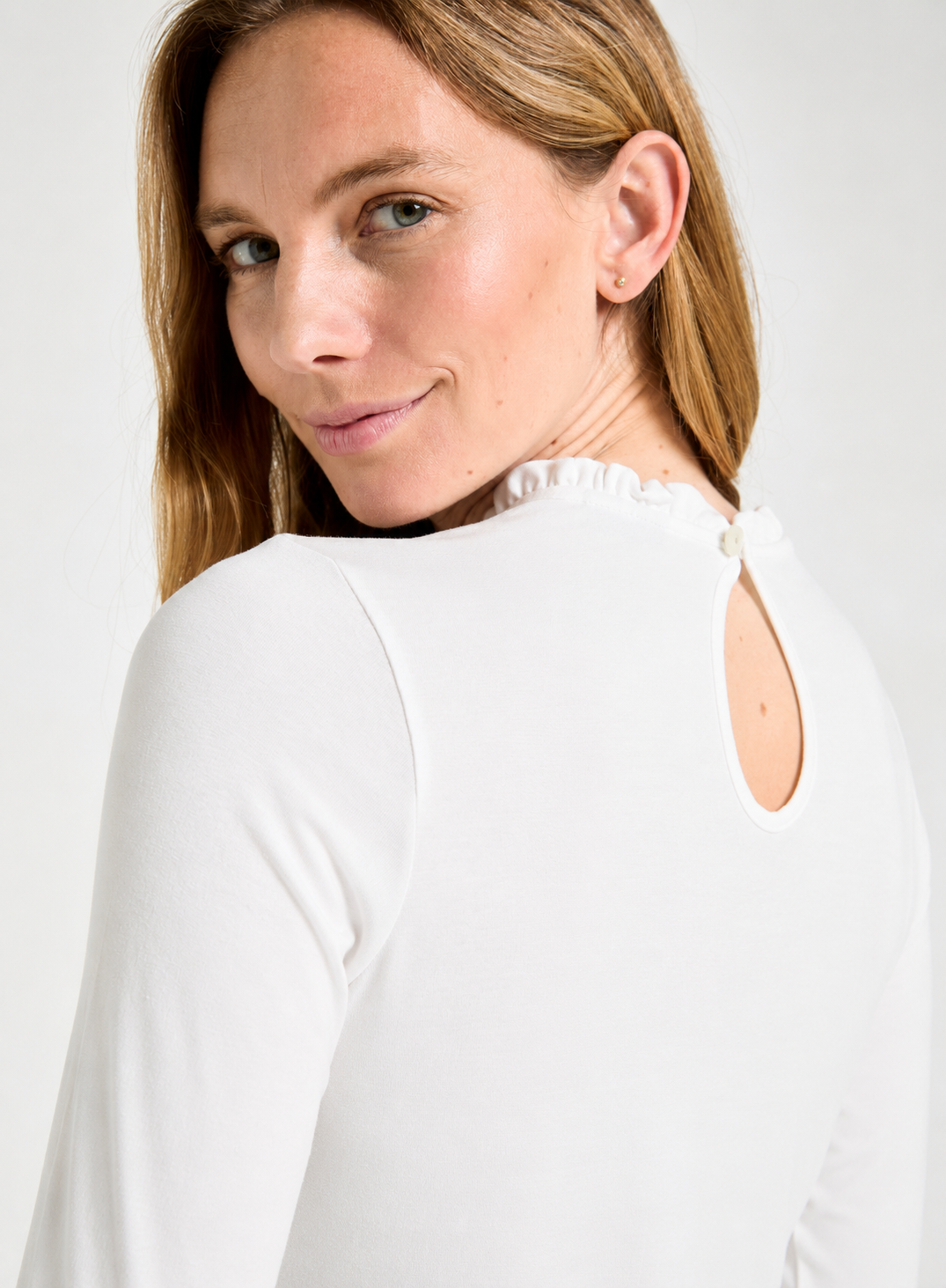 Frill Neck Long Sleeve Top in White