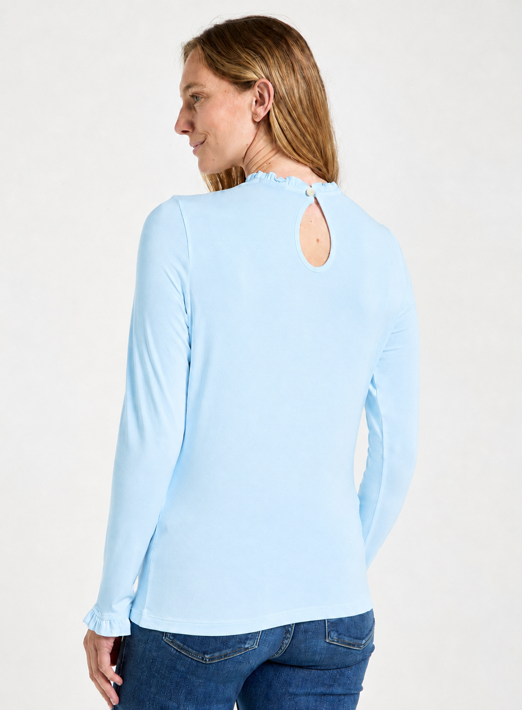 Frill Neck Long Sleeve Top in Pale Blue